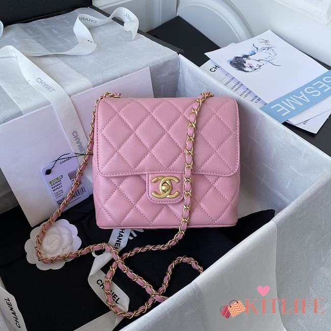 	 Kitlife Chanel Mini Square Flap Bag Gold Chain Pink - 17X14.5X7.5cm - 1