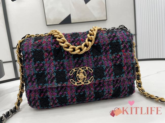 Kitlife Chanel 19 Flap Bag Wool Tweed, Calfskin & Gold-Tone Metal Black, Purple, Green & Red - 26cm - 1