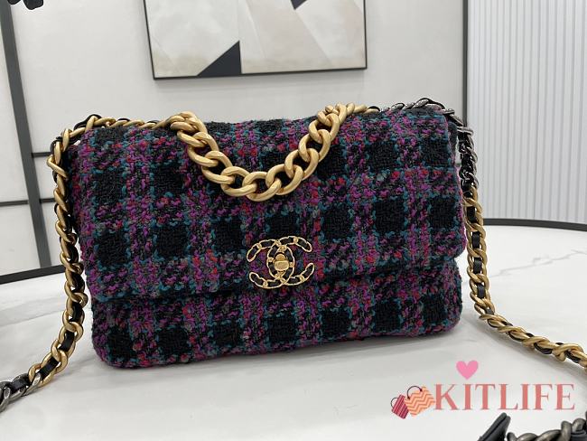 	 Kitlife Chanel 19 Flap Bag Wool Tweed, Calfskin & Gold-Tone Metal Black, Purple, Green & Red - 30cm - 1
