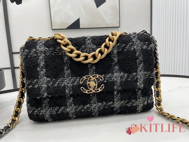 	 Kitlife Chanel 19 Flap Bag Wool Tweed, Calfskin & Gold-Tone Metal Black&Grey - 30cm - 1