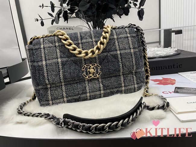	 Kitlife Chanel 19 Flap Bag Wool Tweed, Calfskin & Gold-Tone Dark Blue&Beige - 30cm - 1