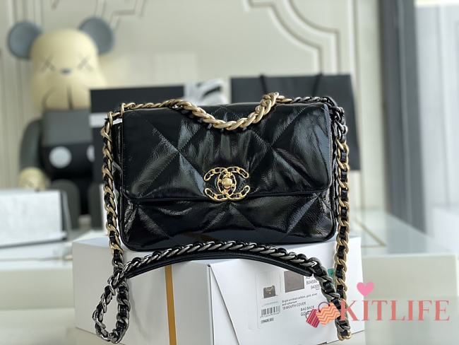 	 Kitlife Chanel 19 Medium Flap Bag Black Shiny Crumpled Calfskin, Gold Tone - 26cm - 1