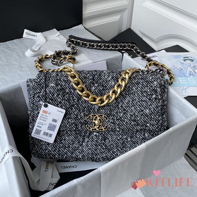 Kitlife Chanel 19 Flap Bag Black / Grey Wool Tweed - 30cm - 1