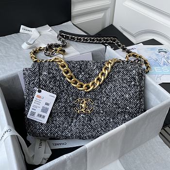 Kitlife Chanel 19 Flap Bag Black / Grey Wool Tweed - 30cm