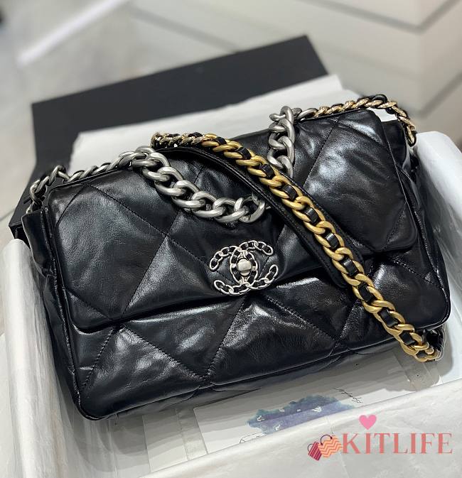 	 Kitlife Chanel 19 Large Flap Bag Black Shiny Crumpled Calfskin, Silver Tone - 30cm - 1