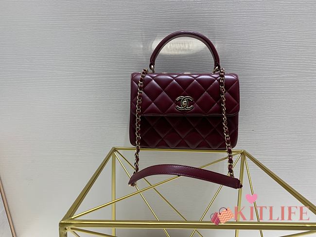 Kitlife Chanel Flap Bag With Top Handle Lambskin Burgundy with Gold Hardware - 25cm - 1