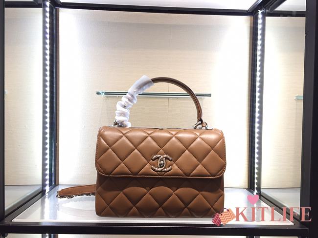 	 Kitlife Chanel Flap Bag With Top Handle Lambskin Brown with Silver Hardware - 25cm - 1