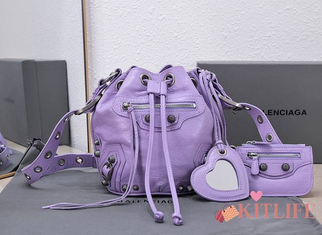 	 Kitlife Balenciaga Le Cagole XS Bucket Bag Metallized With Rhinestones Purple - 15X20X18cm - 1