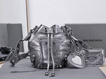 	 Kitlife Balenciaga Le Cagole XS Bucket Bag Metallized With Rhinestones Light Dark Silver - 15X20X18cm