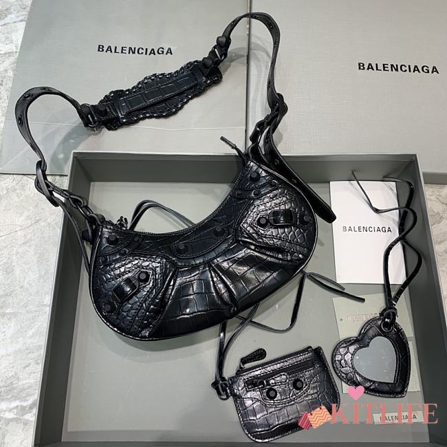	 Kitlife Balenciaga Le Cagole XS Shoulder Bag All Black Crocodile Embossed - 26×7×16cm - 1