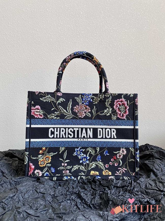 Kitlife Dior Large Book Tote Black Multicolor Dior Petites Fleurs Embroidery - 36×27×16 cm - 1