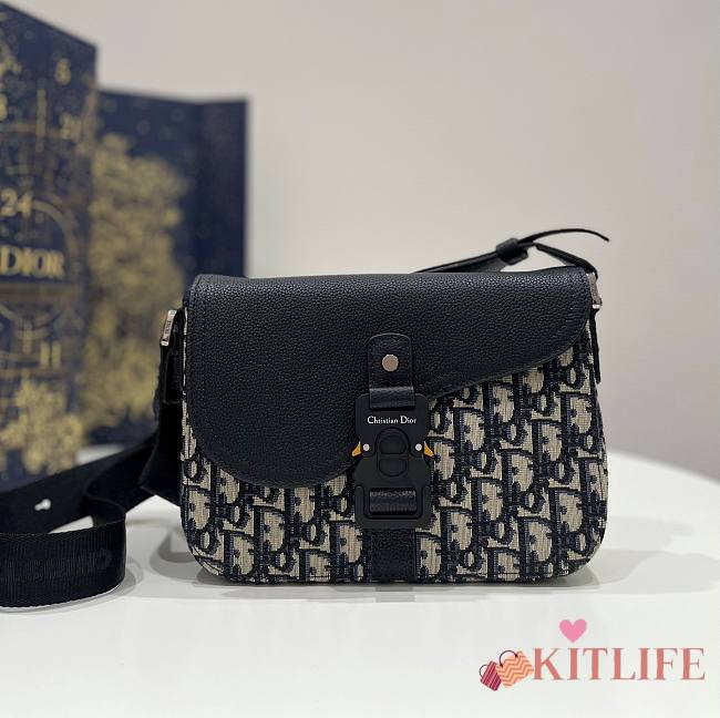 Kitlife SADDLE A5 POUCH Beige and Black Dior Oblique Jacquard and Black Grained Calfskin - 23 x 6 x 18 cm - 1