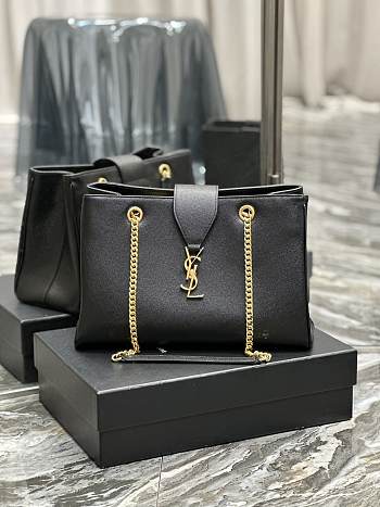 Kitlife Saint Laurent Black Leather Cassandre Chain Strap Shopper Tote - 33 x 22 x 15 cm