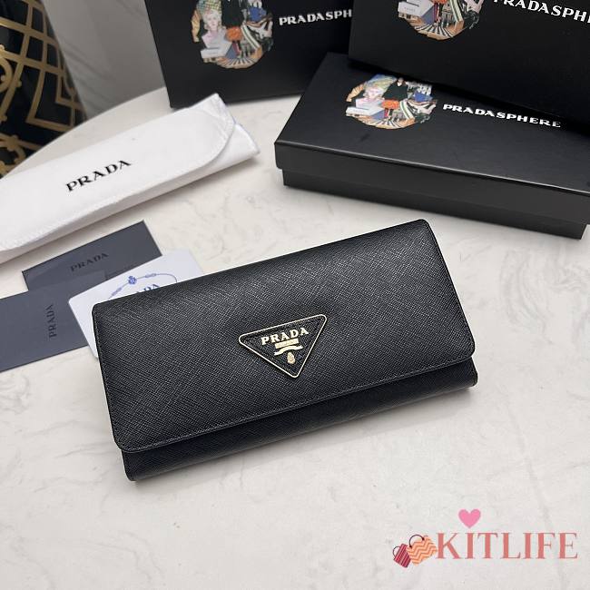 Kitlife Prada Black Saffiano Triangle Logo Continental Flap Wallet - 19x10x2.5 cm - 1