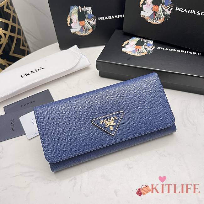 Kitlife Prada Blue Saffiano Triangle Logo Continental Flap Wallet - 19x10x2.5 cm - 1