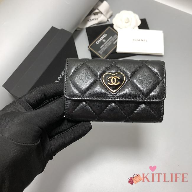 Kitlife Heart Plain Leather Folding Small Wallet Logo Black - 12×8×2.5cm - 1