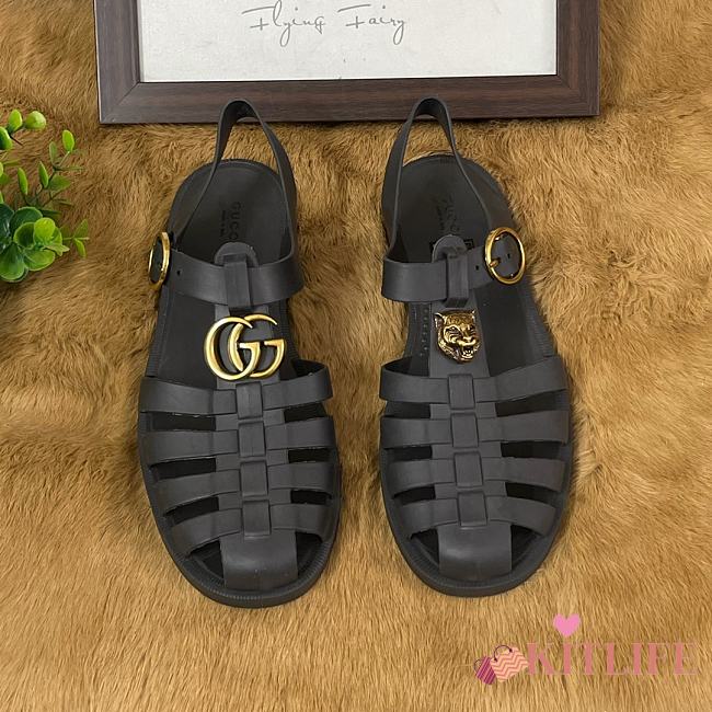 GUCCI RUBBER BUCKLE STRAP SANDAL BLACK  - 1