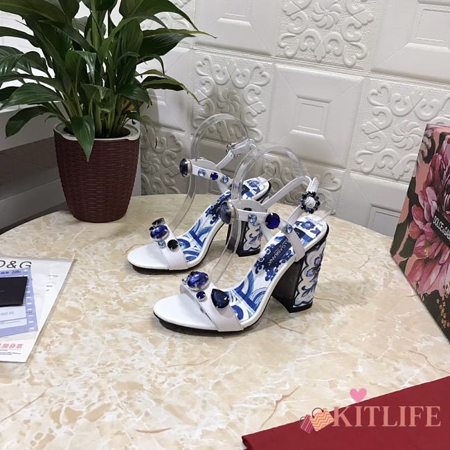 Kitlife D&G Printed Jewel Block-Heel Sandals Blue - 1