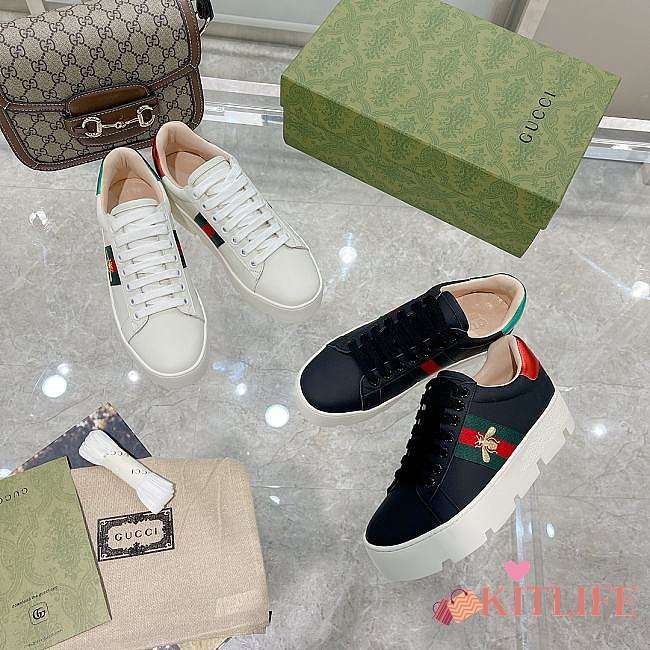  Gucci Leather Embroidered Bee Ace Platform Sneakers  - 1