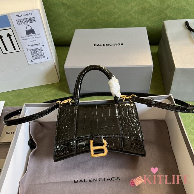 BALENCIAGA Hourglass Xs Crocodile-effect Leather Bag In Black - 19 x 13 x 8 cm - 1