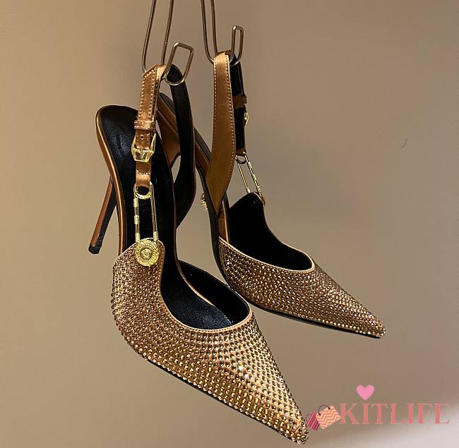 Kiltife Versace Safety Pin Pointed Toe Slingback Gold Pumps 12cm - 1