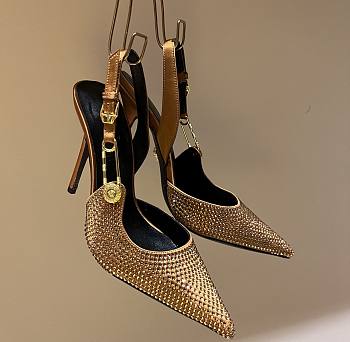 Kiltife Versace Safety Pin Pointed Toe Slingback Gold Pumps 12cm