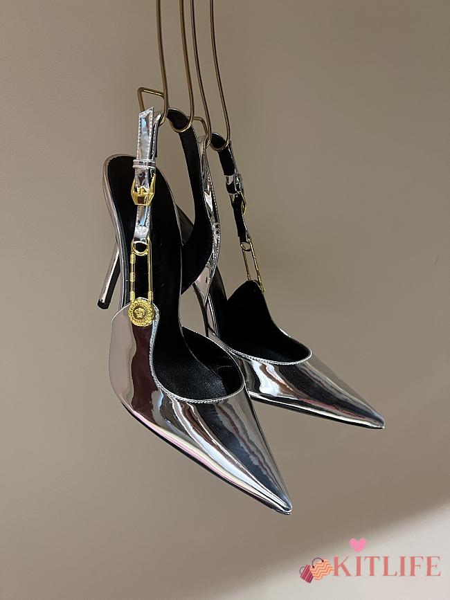 Kiltife Versace Safety Pin Pointed Toe Slingback Silver Pumps 12cm - 1
