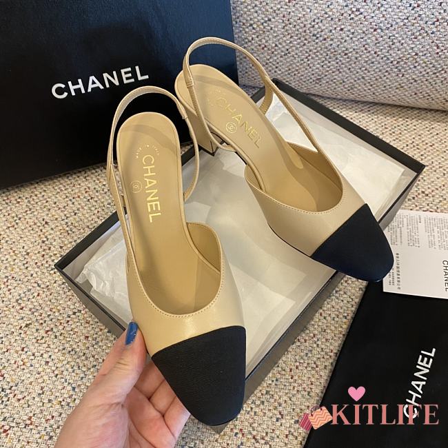 KITLIFE CHANEL SLING-BACK Goatskin & Grosgrain Beige & Black - HEEL HEIGHT 65 MM - 1