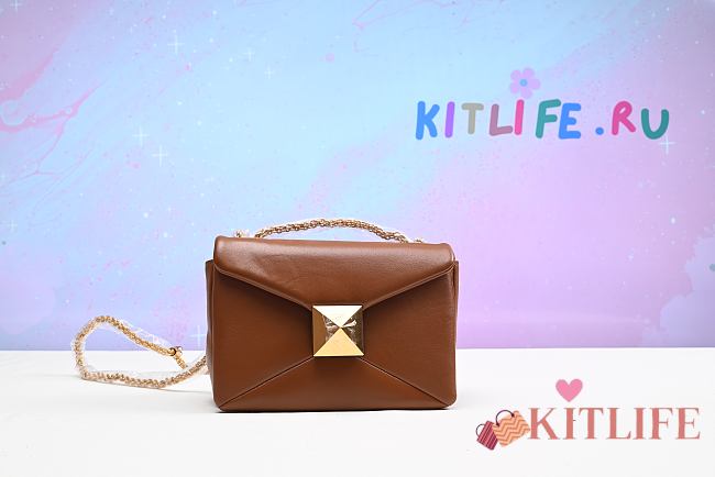 Kitlife Valentino ONE STUD NAPPA BAG WITH CHAIN Brown Gold Hardware - 19x14x11cm - 1
