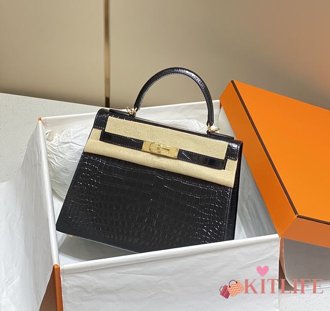 Kitlife Hermes kelly bag Black Gold hardware - 25cm   - 1