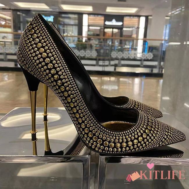 kitlife Tom Ford Black/Gold Studded Suede Pointed Toe Pumps  - 1