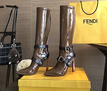 Kitlife FENDI Brown Patent Logo Strap Knee-High Boots - 105 mm heels