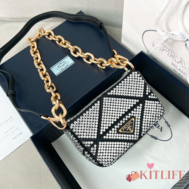 Prada mini crystal-embellished triangle logo shoulder bag black - 17x11.5x6 cm - 1