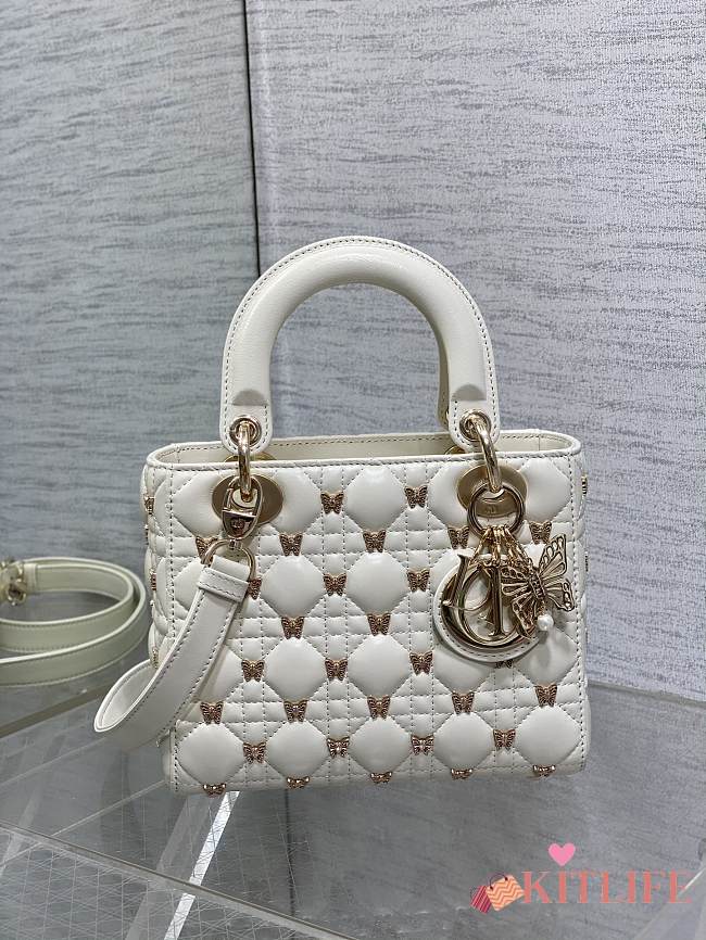 kitlife Dior lady White Cannage Lambskin with Gold-Finish Butterfly Studs - 20cm - 1