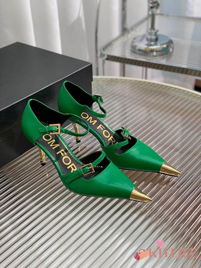 Kitlife TOM FORD Double Strap Mary Jane Satin Pumps Green - 7.5cm - 1