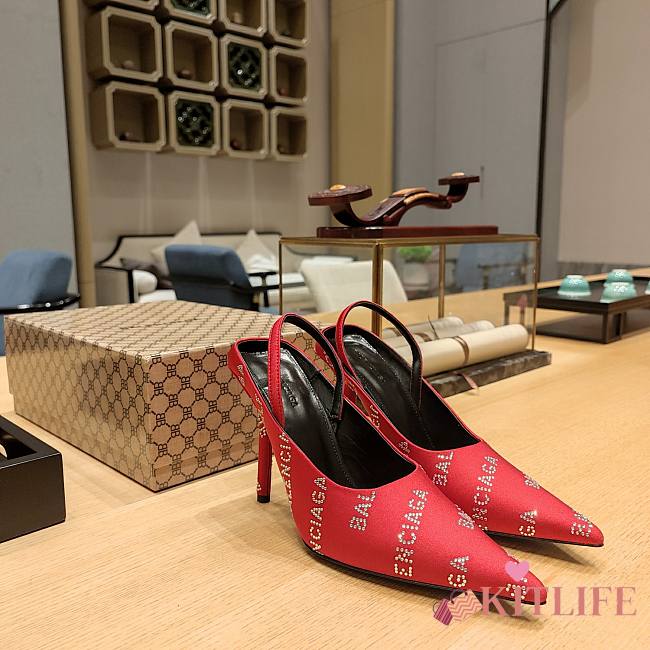 kitlife Balenciaga Square Knife satin slingback pumps red 10.5cm - 1
