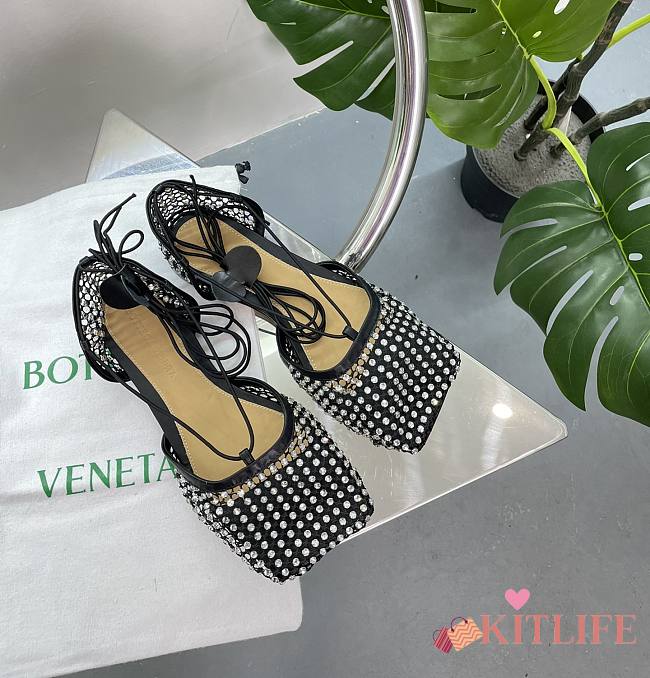Kitlife Bottega Veneta Women's Black Sparkle Stretch Lace-up Flat Sandals - 1