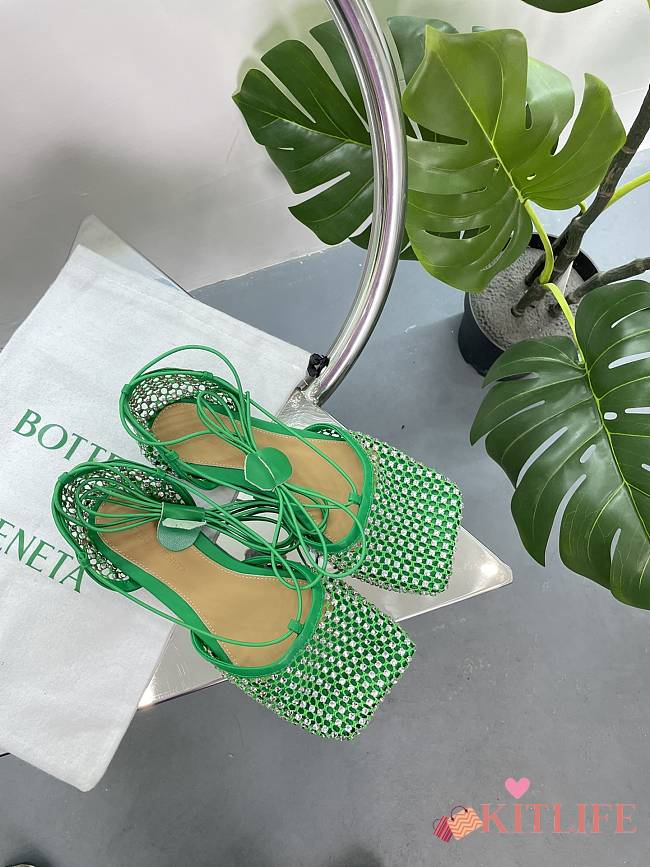 Kitlife Bottega Veneta Women's Green Sparkle Stretch Lace-up Flat Sandals - 1