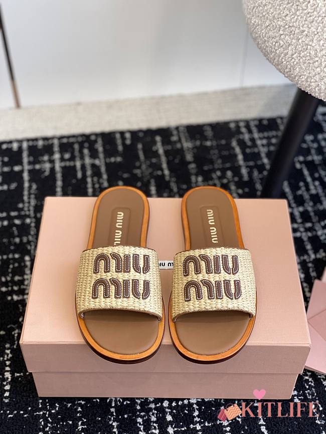 Kitlife MIU MIU Logo raffia slides Brown - 1