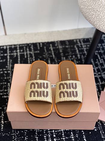 Kitlife MIU MIU Logo raffia slides Brown