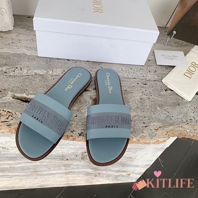 Kitlife Dior Dway Slide Pastel Blue Calfskin and Embroidered Cotton - 1