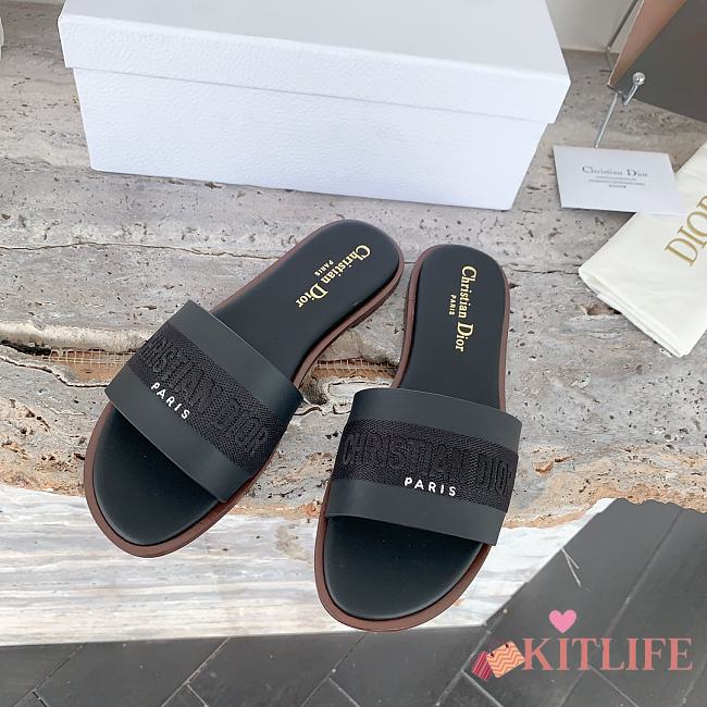 Kitlife Dior Dway Slide Pastel Black Calfskin and Embroidered Cotton - 1