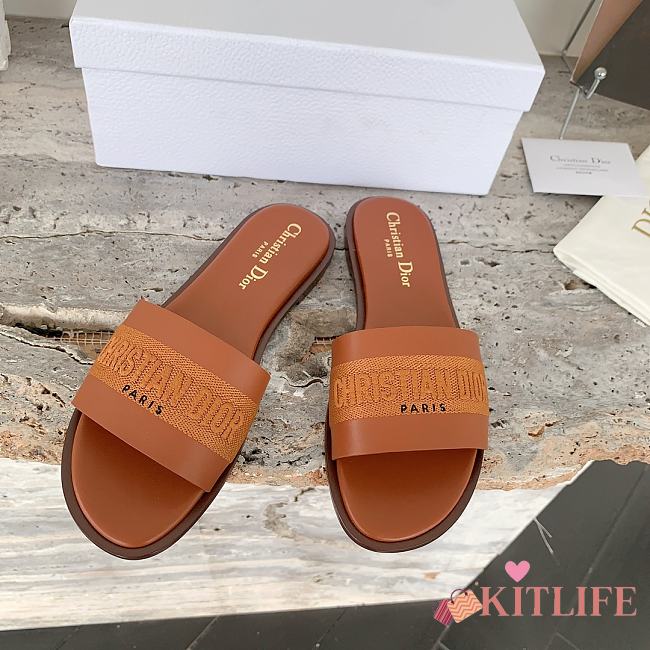 Kitlife Dior Dway Slide Pastel Brown Calfskin and Embroidered Cotton - 1