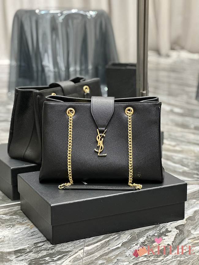 kitlife Saint Laurent Black Leather Cassandre Chain Strap Shopper Tote - 33x22x15 cm - 1