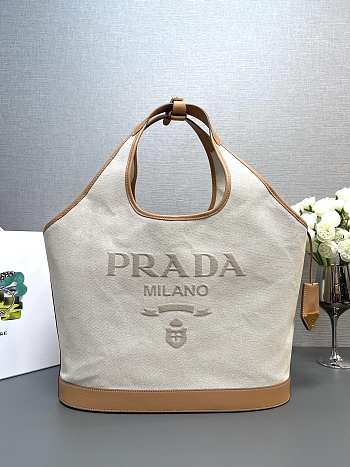 Kitlife PRADA Logo-embossed large linen and leather tote bag - 37.5x30x13 cm