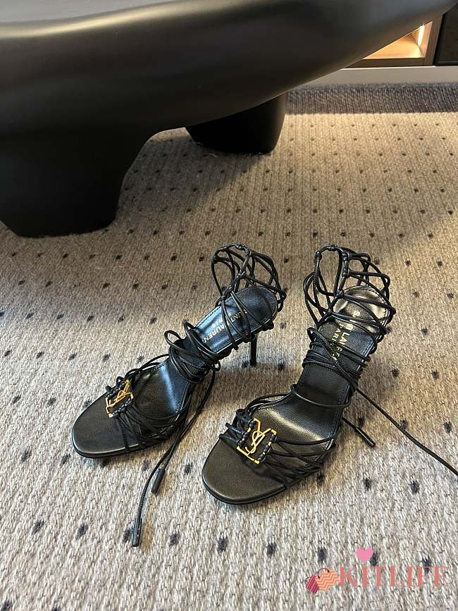 kitlife Saint Laurent Women's Black Leather Heel Sandals - 9CM - 1