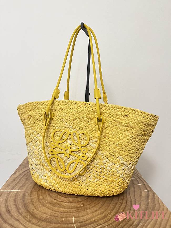 kitlife LOEWE + Paula's Ibiza Medium Leather-trimmed Woven Raffia Tote In Neutrals Yellow - 46x24x15 cm - 1