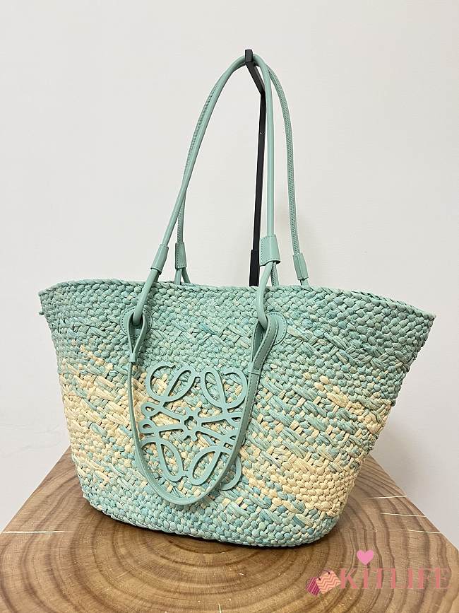 kitlife LOEWE + Paula's Ibiza Medium Leather-trimmed Woven Raffia Tote In Neutrals Blue - 46x24x15 cm - 1