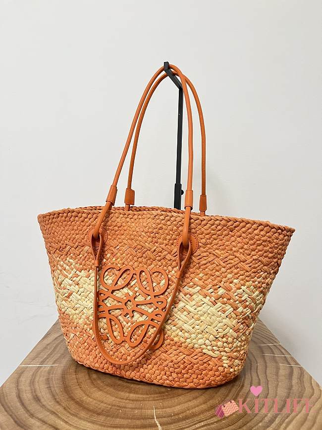 kitlife LOEWE + Paula's Ibiza Medium Leather-trimmed Woven Raffia Tote In Neutrals Orange - 46x24x15 cm - 1