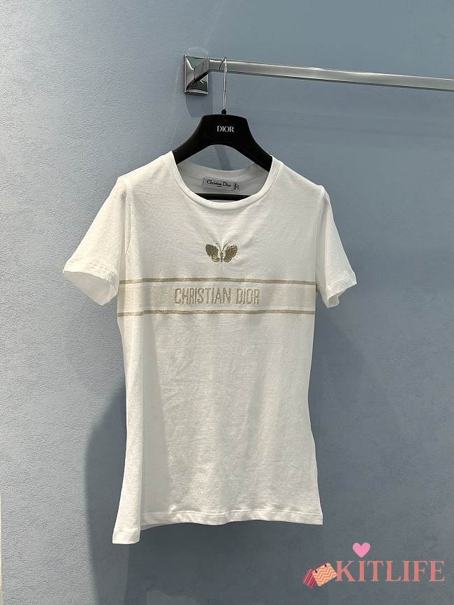 Kitlife Dior Embroidered T-Shirt White Cotton Jersey with Gold-Tone Signature  - 1